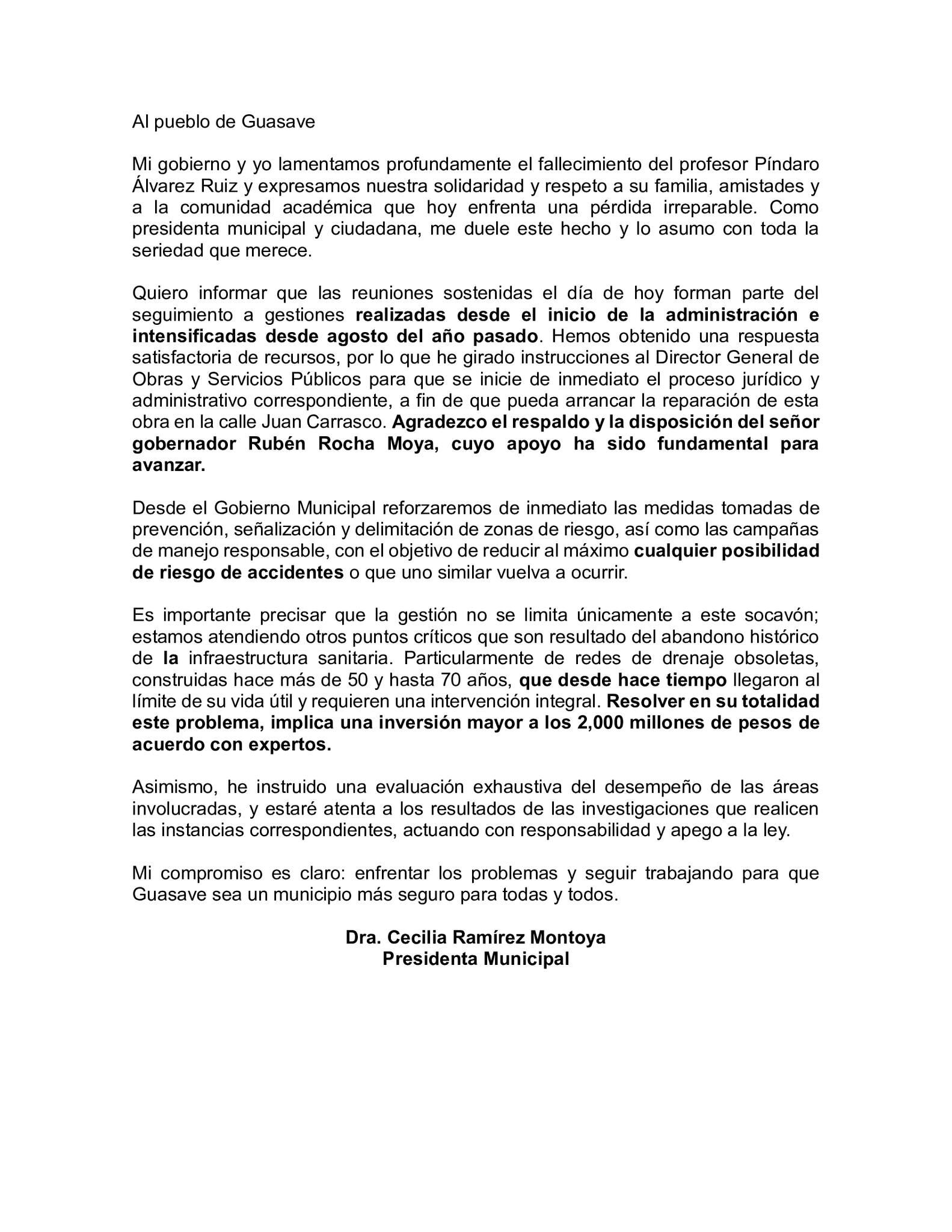 Comunicado de Guasave tras muerte de profesor del IPN en socavón.