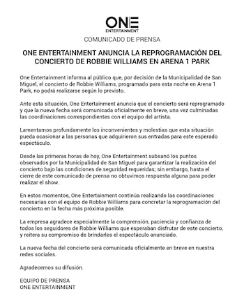 One Entertainment señaló que mantiene coordinaciones con el equipo del artista para concretar la reprogramación.