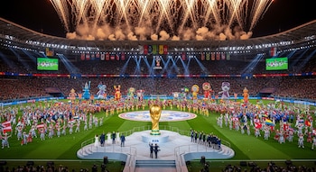 Vista aérea de un estadio lleno durante la inauguración de un mundial de fútbol, con fuegos artificiales, la Copa del Mundo y artistas en el campo.