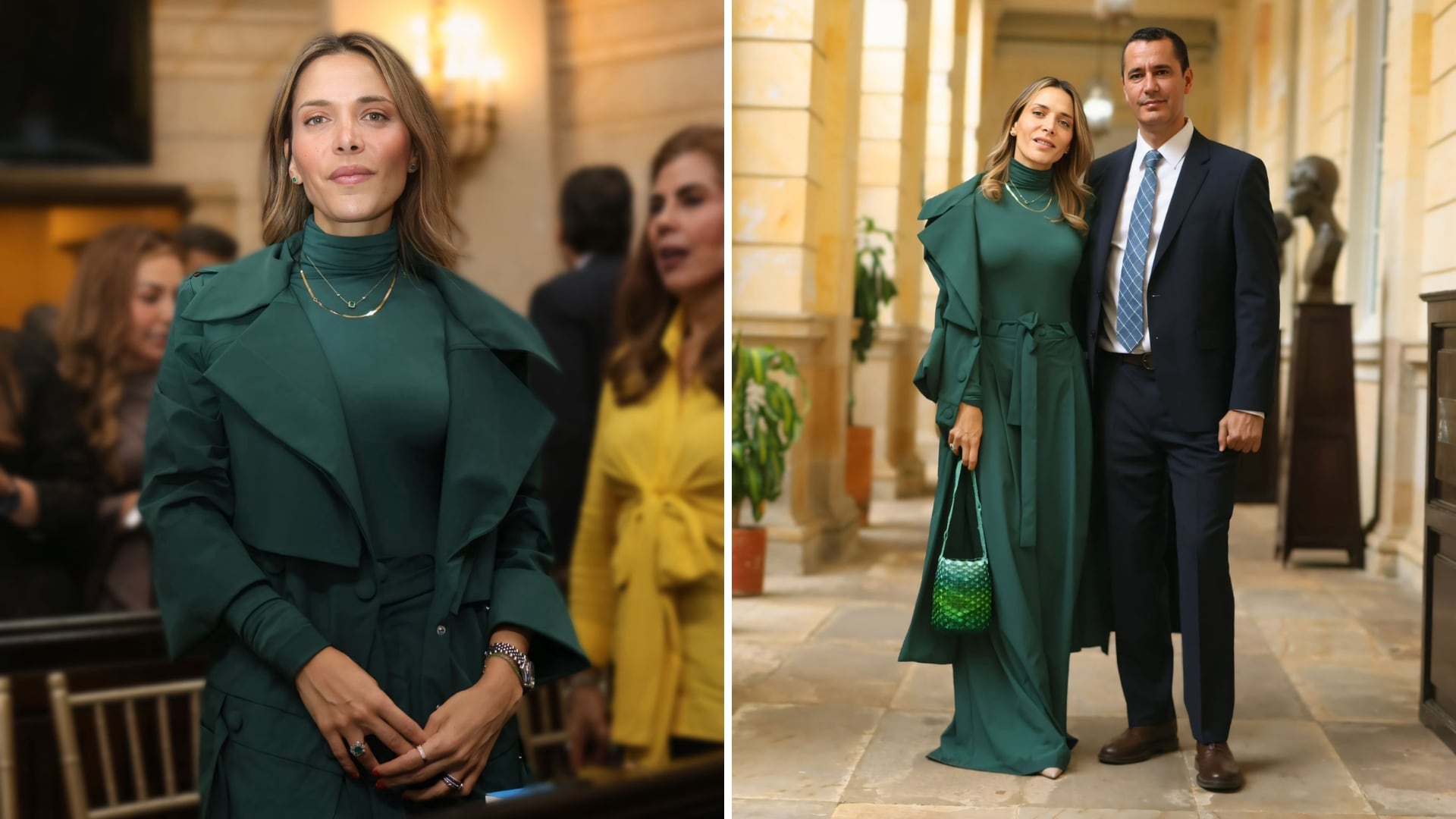 María Clara Posada optó por un conjunto monocromático en color verde esmeralda que despertó comparaciones en redes sociales con un personaje de la serie 'El cuento de la criada' - crédito @MaclaPosada/X