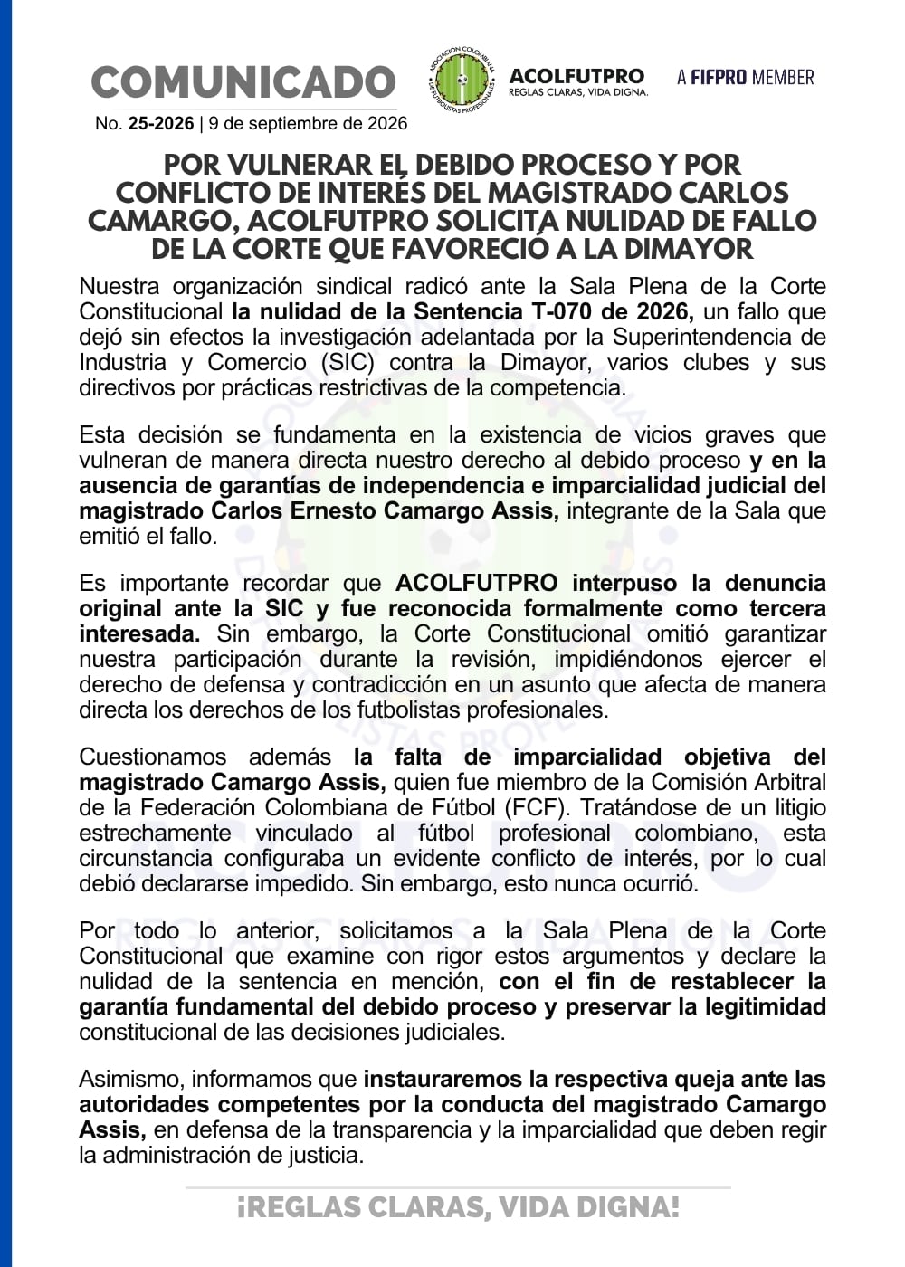 La Acolfutpro dejó claro que el magistrado Carlos Camargo tenía conflicto de intereses en fallo que favoreció a la Dimayor por su pasado en la comisión de árbitros - crédito Acolfutpro