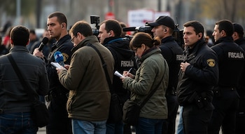 Grupo de periodistas con micrófonos y cuadernos junto a agentes de seguridad de la Fiscalía en uniformes negros, con la palabra 'FISCALÍA' visible en la espalda.