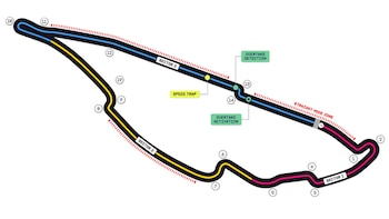 Mapa del circuito del GP de Canadá de F1. Trazado con tres sectores de colores (rosa, amarillo, azul), zonas de detección/activación de adelantamiento y DRS. Numeración de curvas