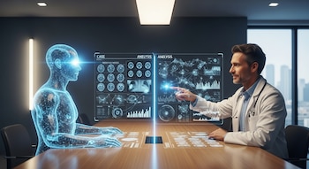 Un médico con bata blanca y un holograma de figura humana azul interactúan con pantallas holográficas que muestran datos médicos en una sala moderna.
