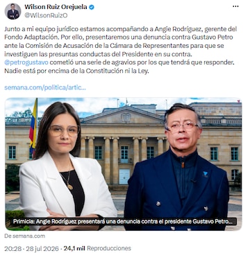 Exministro Wilson Ruiz presentará denuncia penal contra el presidente Gustavo Petro por acusaciones contra Angie Rodríguez
- crédito @WilsonRuizO/X
