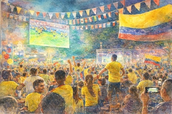 Una multitud con camisetas amarillas ve un partido de fútbol en pantalla gigante. Hay banderas de Colombia, guirnaldas de banderas y luces. Ilustración en acuarela.