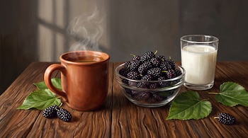 Una taza de cerámica humeante, un recipiente de vidrio con moras negras, un vaso con kéfir y hojas sobre una mesa de madera.