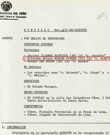 Documento oficial de Dircote Perú. Atestado por delito de terrorismo, 23JUL92. Wilfredo Arturo Robles Rivera (22), alias "c. Aldo", resaltado en rojo, en lista de detenidos