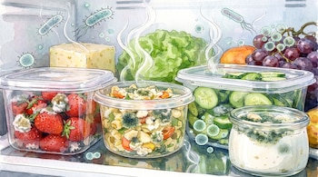 Refrigerador con fresas, ensalada, pepinos, yogur en envases, más lechuga, queso y uvas. Moho y bacterias visibles en los alimentos.