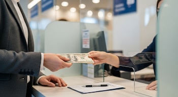 Primer plano de manos de un cliente entregando billetes de cien dólares a un empleado de banco detrás de una ventanilla de vidrio con un portapapeles en el mostrador.