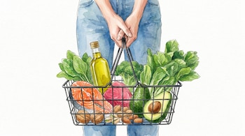 Ilustración acuarela de unas manos sosteniendo una cesta de compra con salmón, atún, aceite de oliva, palta, frutos secos y vegetales variados.