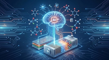 Una imagen digital que representa un cerebro azul brillante con las letras "AI", conectado a circuitos, estructuras moleculares, una batería y capas de componentes electrónicos.
