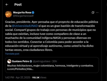Margarita Rosa de Francisco agradeció el mensaje de felicitaciones de Gustavo Petro - crédito @Margaritarosadf