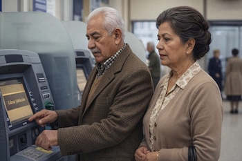 Hombre mayor con bigote y cabello gris, vestido con chaqueta, interactúa con un cajero automático que muestra "Cobrar Jubilación"; una mujer de edad similar lo observa.