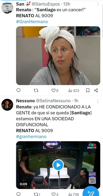 Reacciones contra Renato Rossini Jr. por atacar a Santiago en Gran Hermano. Twitter
