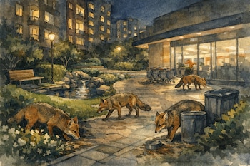 Ilustración en acuarela de cuatro zorros andinos por la noche, buscando alimento entre jardines y senderos, con edificios, farolas y un supermercado al fondo.