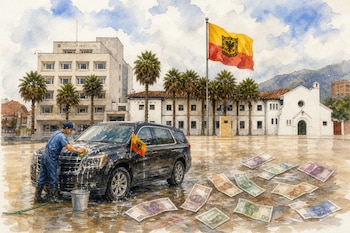 Un hombre lava una camioneta negra en una plaza con billetes en el suelo, frente a un edificio con palmeras y la bandera de Bogotá.