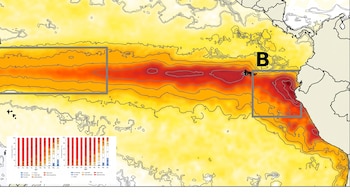 Mapa del océano Pacífico en tonos amarillos y rojos con recuadros delimitados y dos gráficos de barras en la esquina inferior izquierda.
