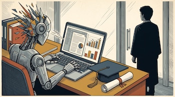 Un robot maneja una computadora portátil en una mesa con un birrete y un diploma, mientras una persona vestida con toga mira desde la puerta.