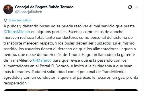 El concejal denunció que alimentadores se demoran hasta más de una hora - crédito @ConcejalRuben/X