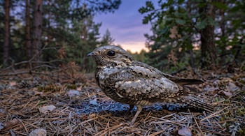 Un chotacabras europeo de plumaje grisáceo y marrón sobre un lecho de hojas secas y agujas de pino en un bosque.