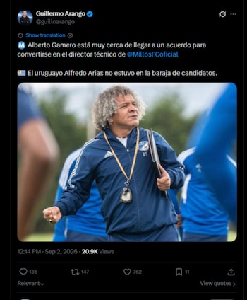 El periodista detalló que Alberto Gamero podría tener su segundo ciclo en Millonarios-crédito @guilloarango/X