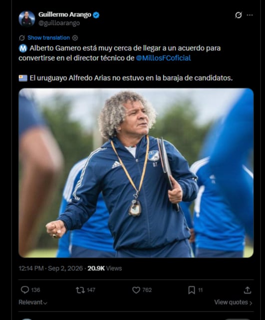 El periodista detalló que Alberto Gamero podría tener su segundo ciclo en Millonarios-crédito @guilloarango/X