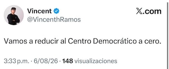 Vincent Ramos aseguró que reducirá a cero al Centro Democrático - crédito @VincenthRamos/X