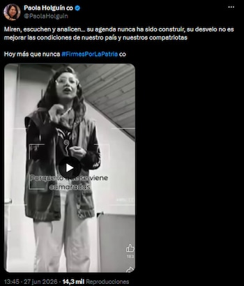 Paola Holguín afirmó que sectores rivales no buscan mejorar la situación nacional - crédito @PaolaHolguin/X
