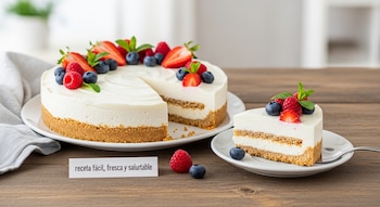 Tarta de yogur blanca con base de galleta, decorada con fresas, arándanos y frambuesas, con una porción cortada. Se muestra sobre una mesa de madera.