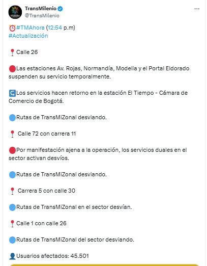 Operación de Transmilenio 10 de octubre de 2025 por manifestaciones - crédito @TransMilenio/X