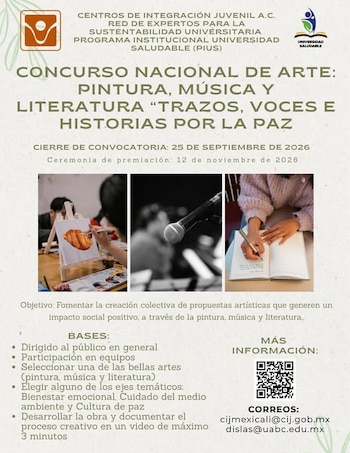 Folleto informativo con dos logotipos, título de concurso de arte, fechas, bases, objetivos, tres fotografías representativas y un código QR de contacto