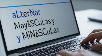 Un portátil abierto con una pantalla que muestra la frase 'aLtErNaR MaYúSCuLaS y MiNúSCuLaS' y unas manos escribiendo en el teclado.