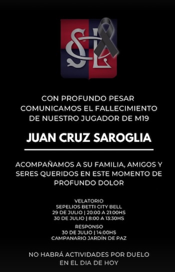 El Club San Luis confirmó la muerte de Juan Cruz Saroglia, jugador de rugby de la categoría M19, y canceló sus actividades por duelo