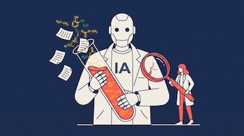 Un robot con guardapolvo blanco sostiene un tubo de ensayo con fórmulas químicas mientras una científica examina una grieta en su hombro.