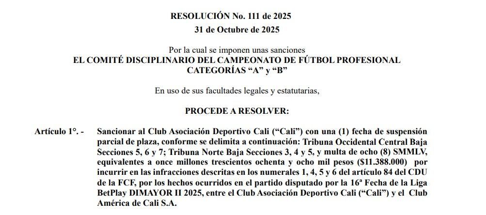 Deportivo Cali pagará una fecha de cierre en dos de sus tribunas por mal comportamiento de los hinchas - crédito Dimayor