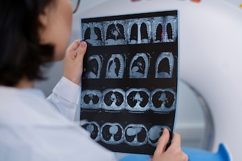 Una doctora observa los resultados de un TAC