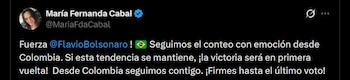 La dirigente María Fernanda Cabal proyectó una posible victoria de Flávio Bolsonaro en primera vuelta - crédito MariaFdaCabal / X