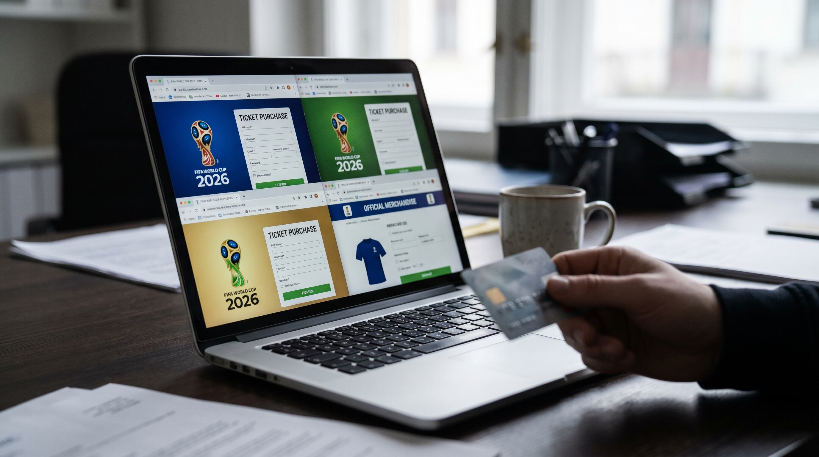 Una laptop muestra múltiples pestañas de navegador con sitios web falsos que imitan la venta de entradas y mercancía oficial del Mundial FIFA 2026, mientras una mano sostiene una tarjeta de crédito, alertando sobre fraudes. (Imagen Ilustrativa Infobae)