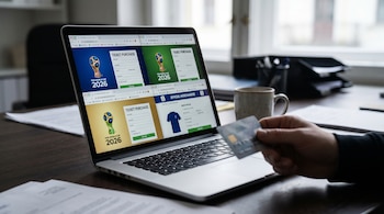 Laptop abierta en primer plano con pantalla mostrando pestañas de sitios falsos del Mundial FIFA 2026. Una mano sostiene una tarjeta de crédito desenfocada.