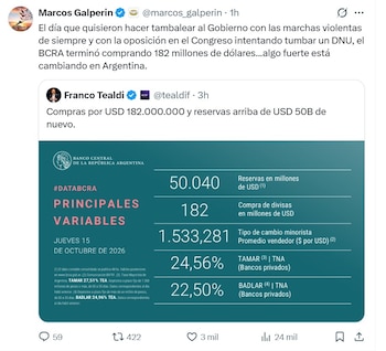 El tuit de Marcos Galperin sobre la Marcha Universitaria y la compra de dólares del BCRA.