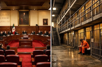 Díptico que muestra a la izquierda la sala de sesiones de la SCJN con jueces y a la derecha el interior de una cárcel con un hombre en mono naranja.