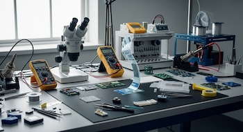 Fotografía editorial documental del laboratorio: banco de trabajo con herramientas de microelectrónica, circuitos, materiales poliméricos; integración del nuevo sensor flexible de aspecto translúcido en la escena; paleta de amarillo, negro, blanco, plateado y azul; luz natural de ventanal lateral; composición horizontal con enfoque en la mesa de trabajo; atmósfera científica y sobria, sin texto, sin personas reales identificables.