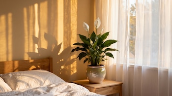 Cama con ropa blanca, cabecera de madera, mesa de noche con planta de espatifilo en maceta y flores blancas, y ventana con cortinas claras.