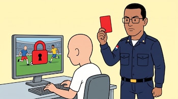 Un hombre calvo usa una computadora, un oficial uniformado con gafas y una tarjeta roja se para detrás de él. La pantalla de la computadora muestra un partido de fútbol y un candado rojo.