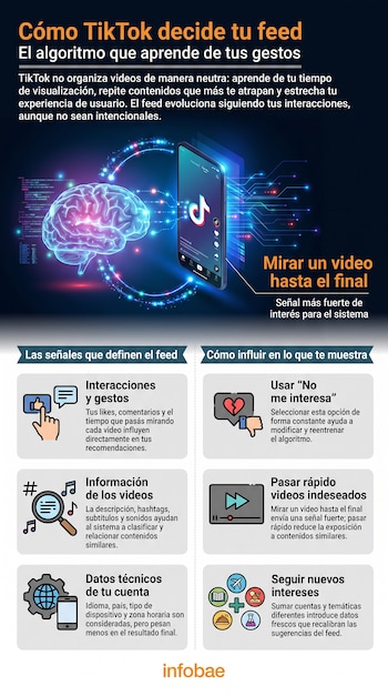 Infografía. Cerebro y smartphone con TikTok. Texto: "Cómo TikTok decide tu feed. El algoritmo que aprende de tus gestos". Secciones con iconos y texto explicativo. Logo Infobae.
