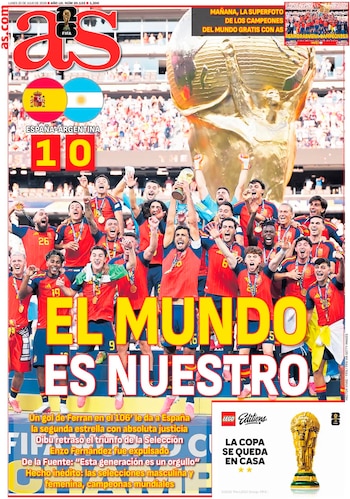 Portada de diario AS. Jugadores de fútbol celebran con un trofeo dorado. Se ven banderas de España y Argentina. Marcador España-Argentina 1-0