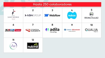 Tabla numerada del 1 al 12 con logotipos corporativos bajo un encabezado rojo que dice Hasta 250 colaboradores