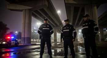 Tres policías uniformados de pie bajo un puente elevado de noche, con una patrulla con luces encendidas a la izquierda y el suelo mojado.