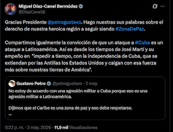 Díaz-Canel agradeció el apoyo de Petro a la soberanía latinoamericana y reiteró el derecho de Cuba a ser respetada como Zona de Paz - crédito @DiazCanelB / X